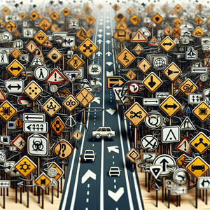 A busy intersection with various caution signs and arrows pointing in different directions.