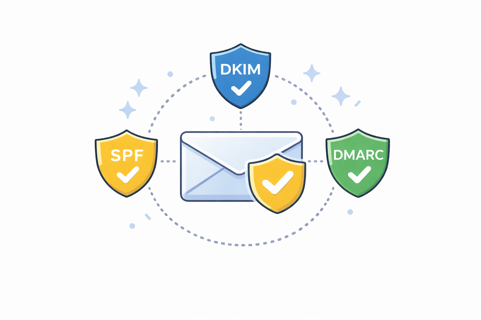 Diagram showing SPF, DKIM, and DMARC working together to improve email trust and deliverability